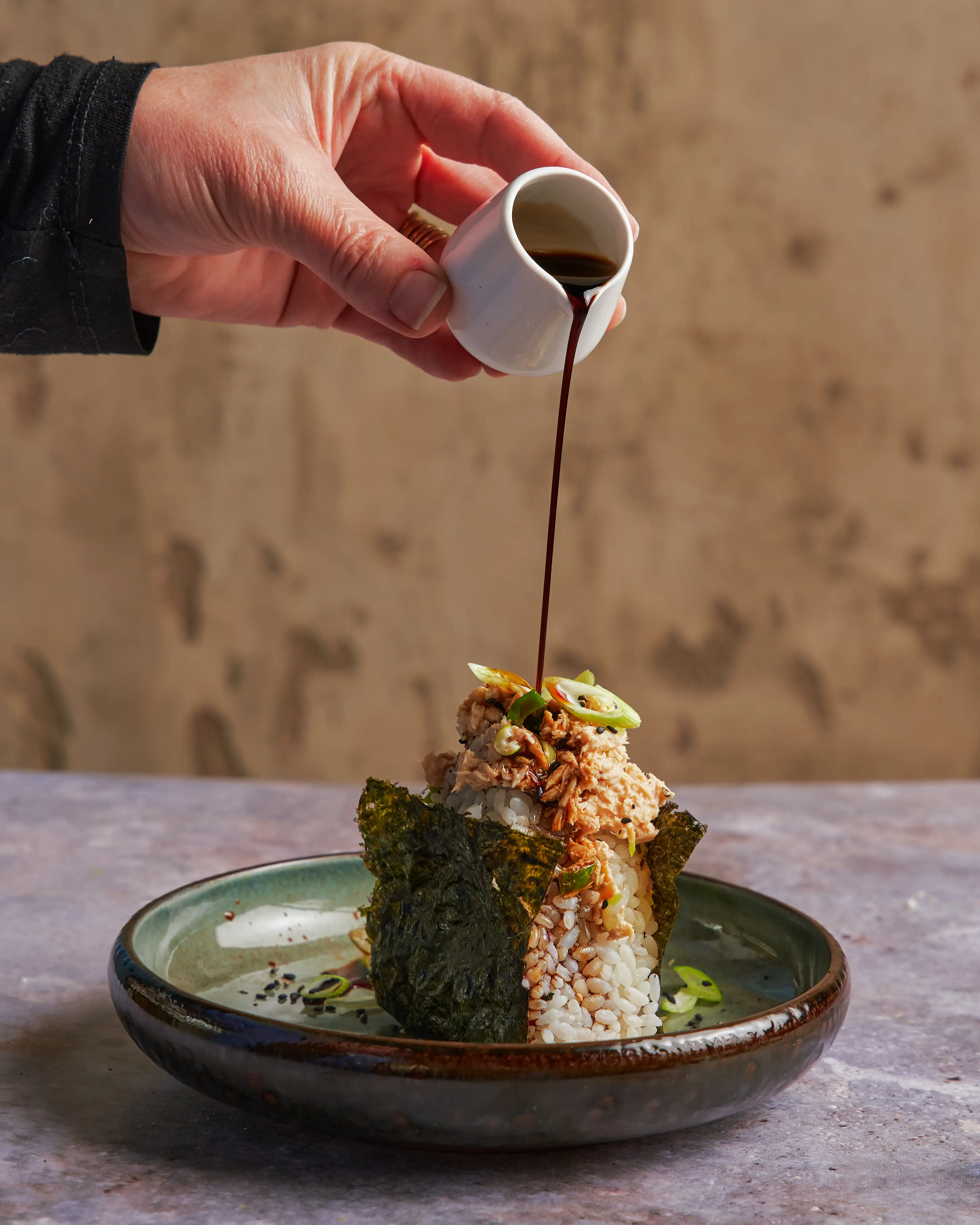 Tuna onigiri with wasabi soy sauce